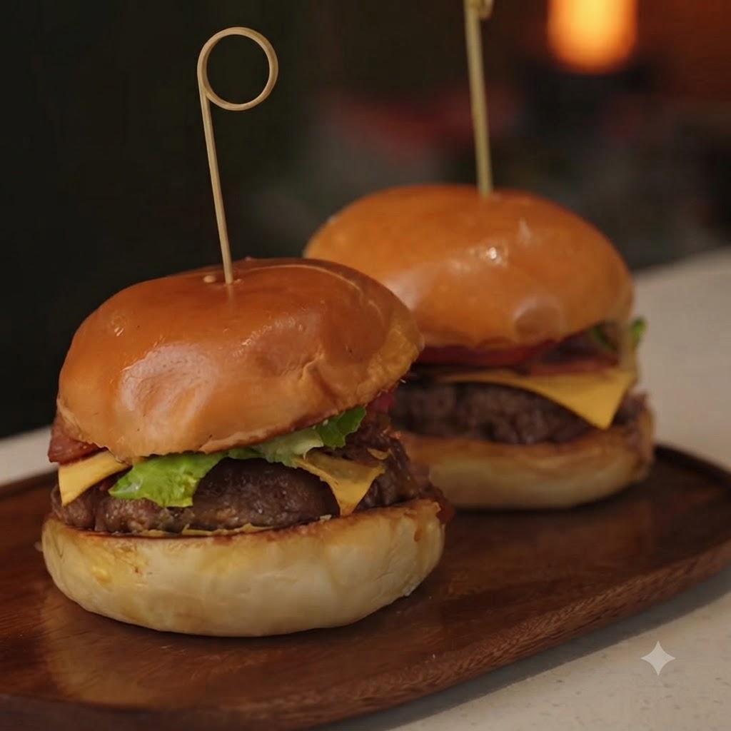 Two fully assembled homemade beef burgers on a wooden board, each secured with a wooden skewer.