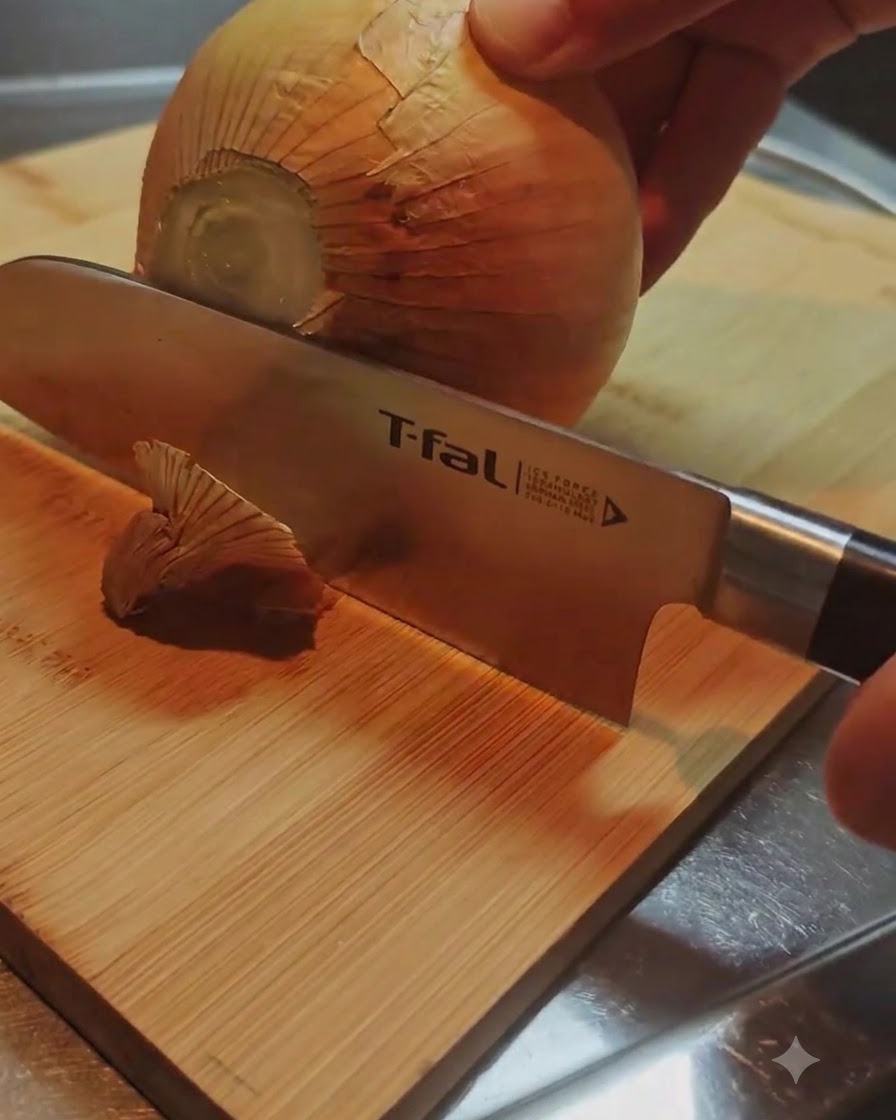 A knife slicing off the root end of a whole onion on a wooden cutting board.