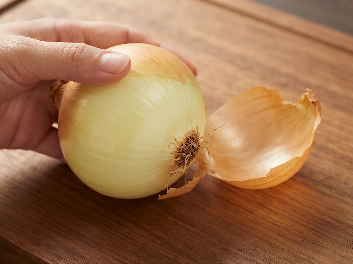An onion being sliced in half horizontally across a wooden cutting board with a sharp chefs knife.