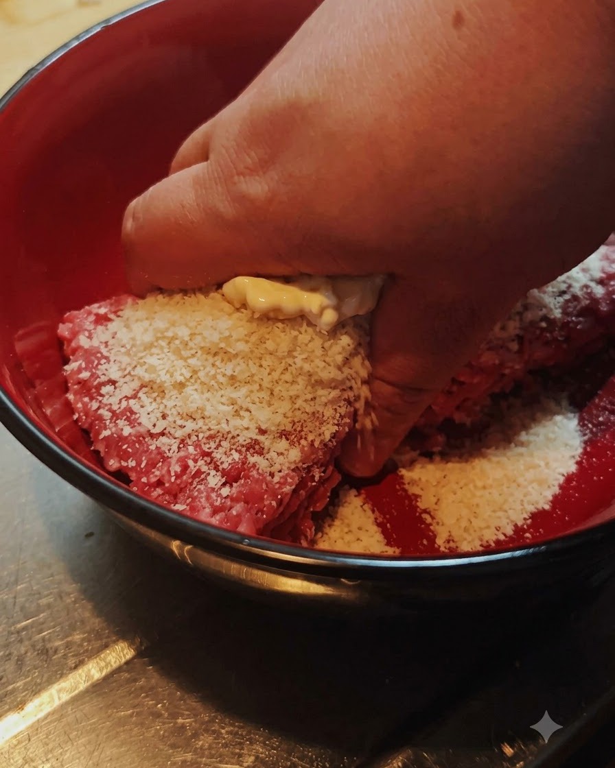 A hand mixing minced beef, breadcrumbs, and seasonings inside a red mixing bowl.