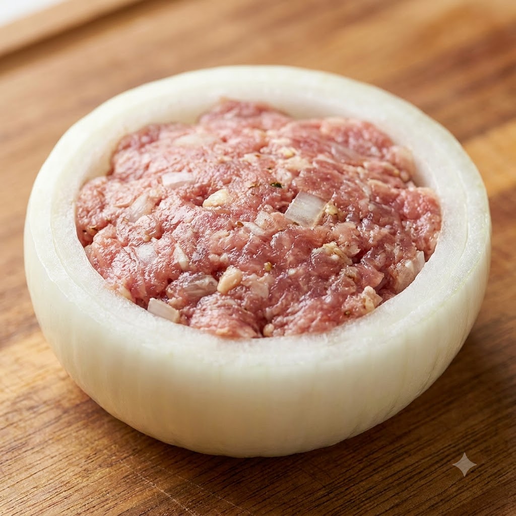 A single meat-stuffed onion ring resting on a wooden surface, filled evenly with seasoned minced beef.