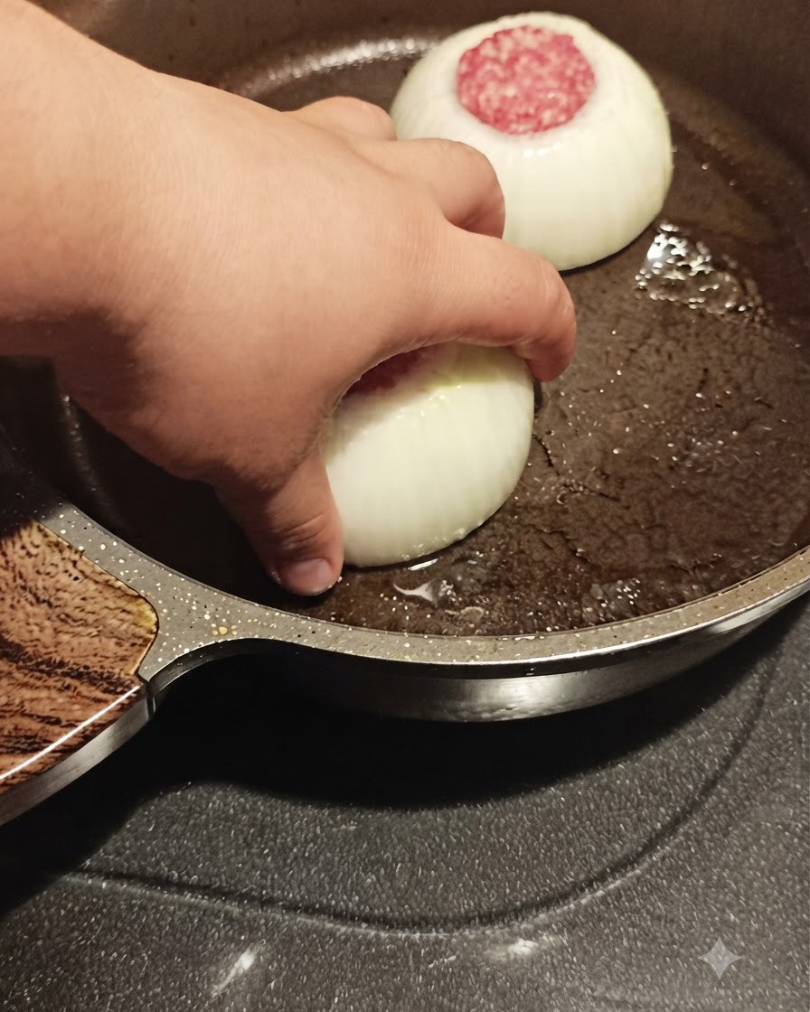 A hand placing a meat-filled onion ring into a hot frying pan alongside chopped onions.