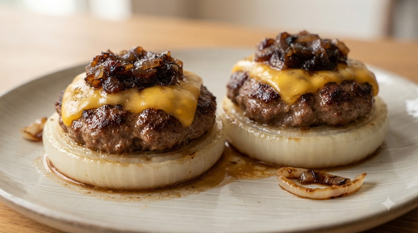 Two meat-stuffed onion rings topped with melted cheese and savory onions