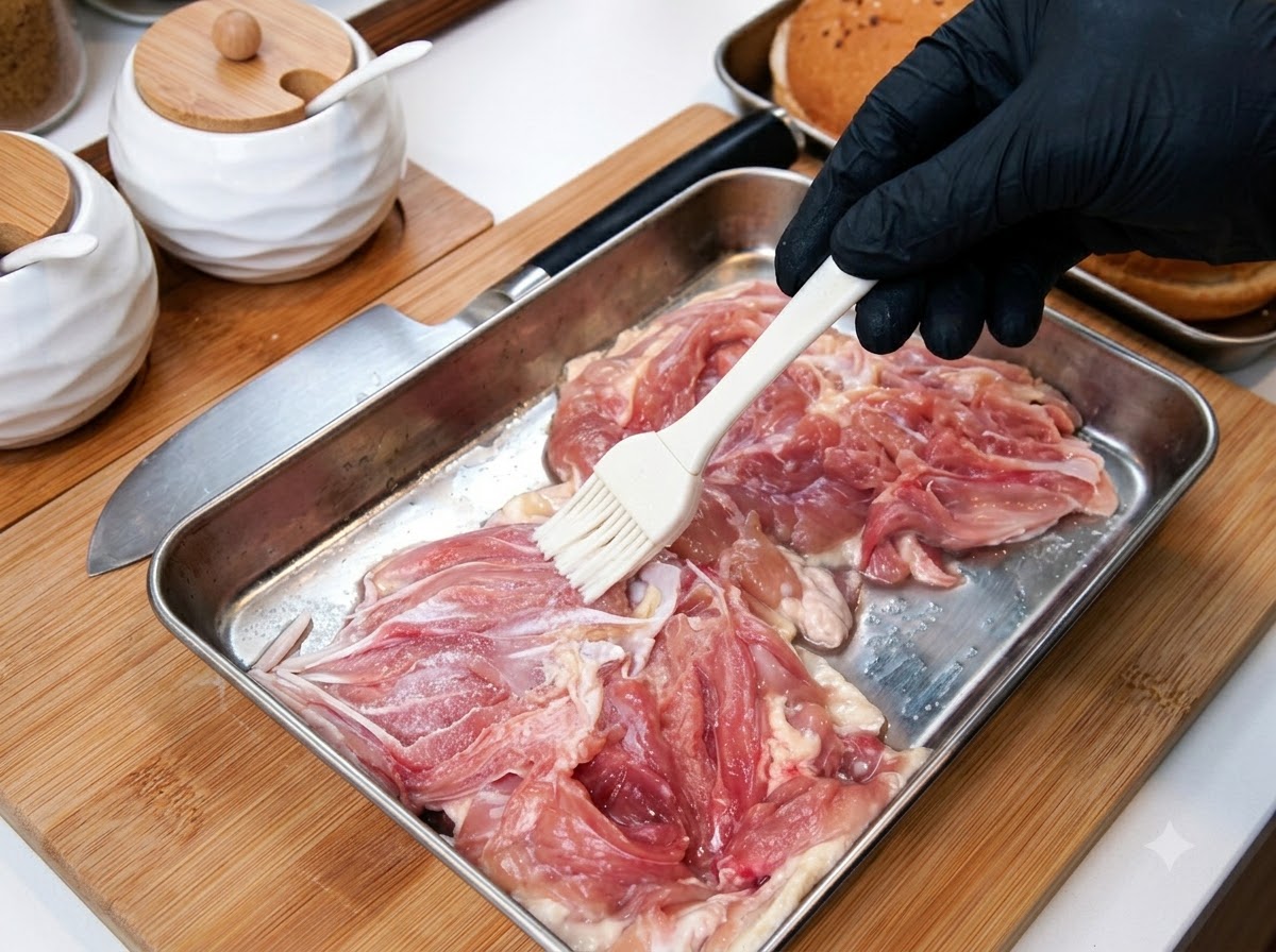 A gloved hand using a white brush to spread seasonings on chicken thighs in a metal tray.