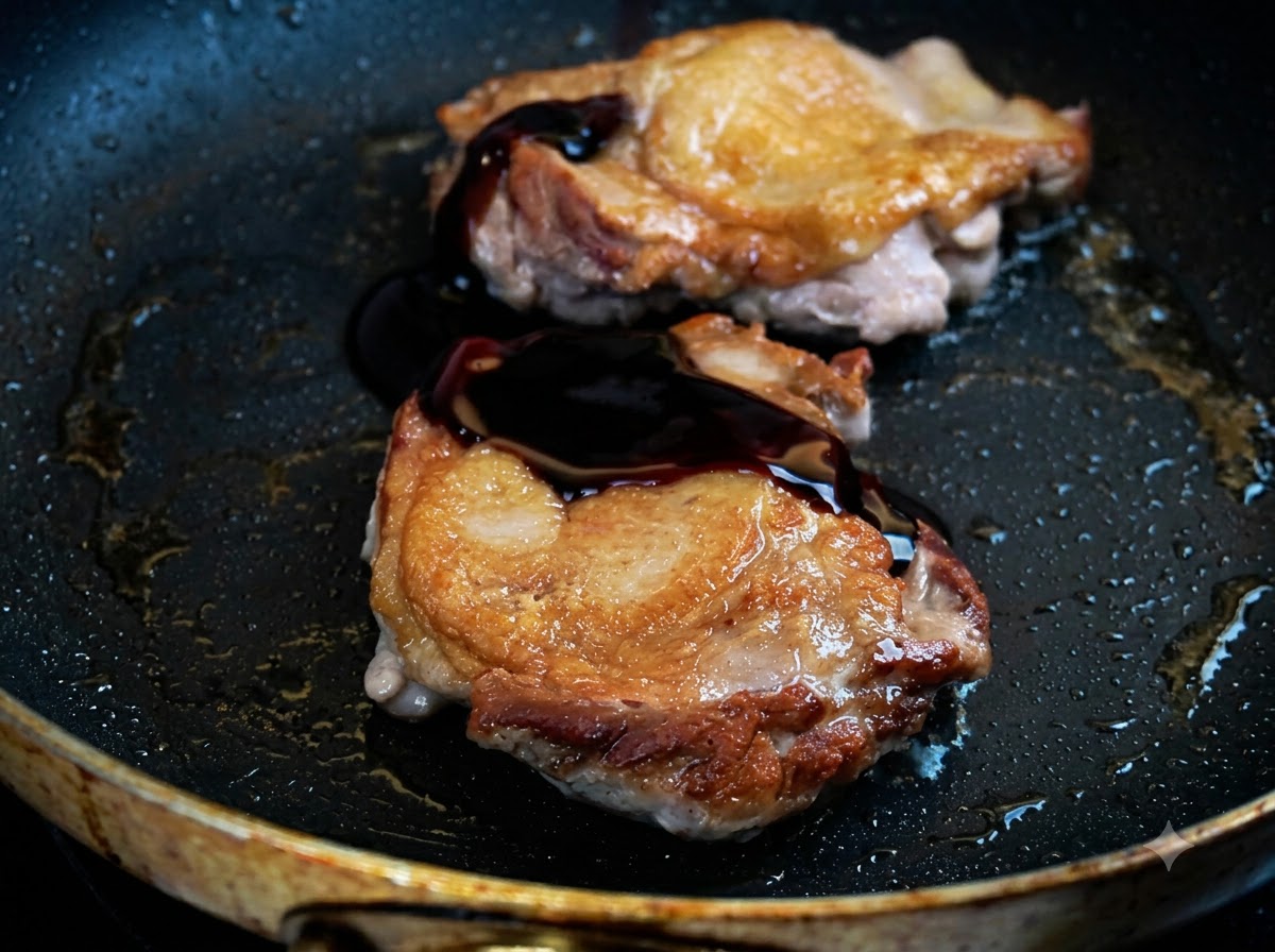 Dark teriyaki sauce being drizzled over golden-brown pan-fried chicken thighs in a skillet.