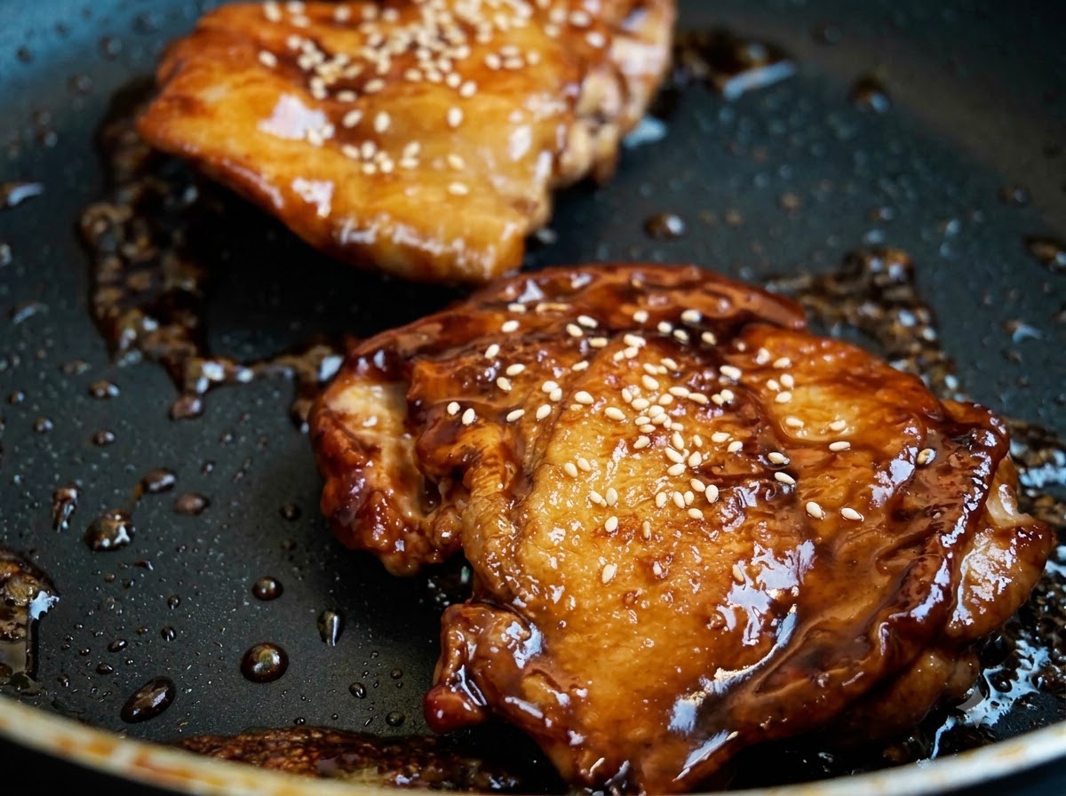 Close-up view of glazed teriyaki chicken thighs in a frying pan garnished with scattered white sesame seeds.