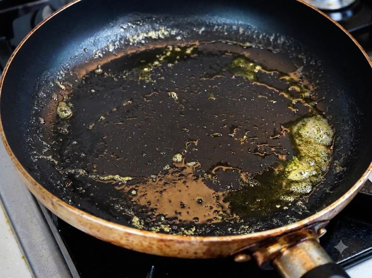Butter melting and bubbling in a dark frying pan used for toasting burger buns.