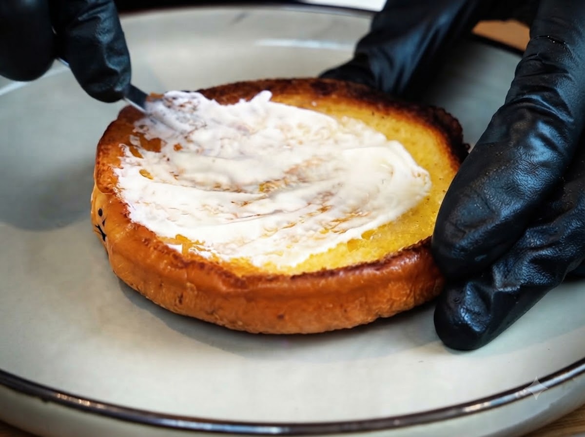 A gloved hand using a small spatula to spread white mayonnaise onto a golden toasted burger bun.