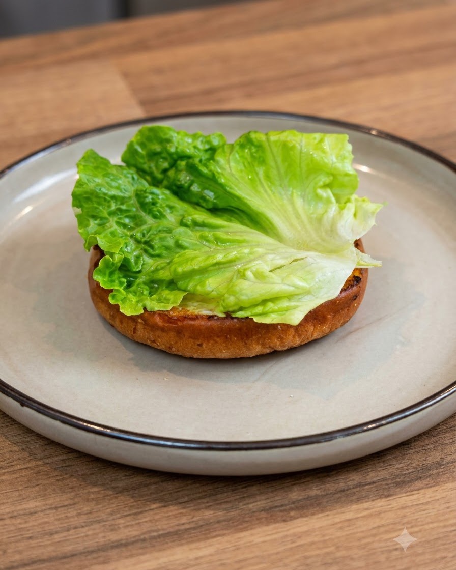 Fresh green lettuce leaves neatly arranged on top of a toasted burger bun resting on a ceramic plate.