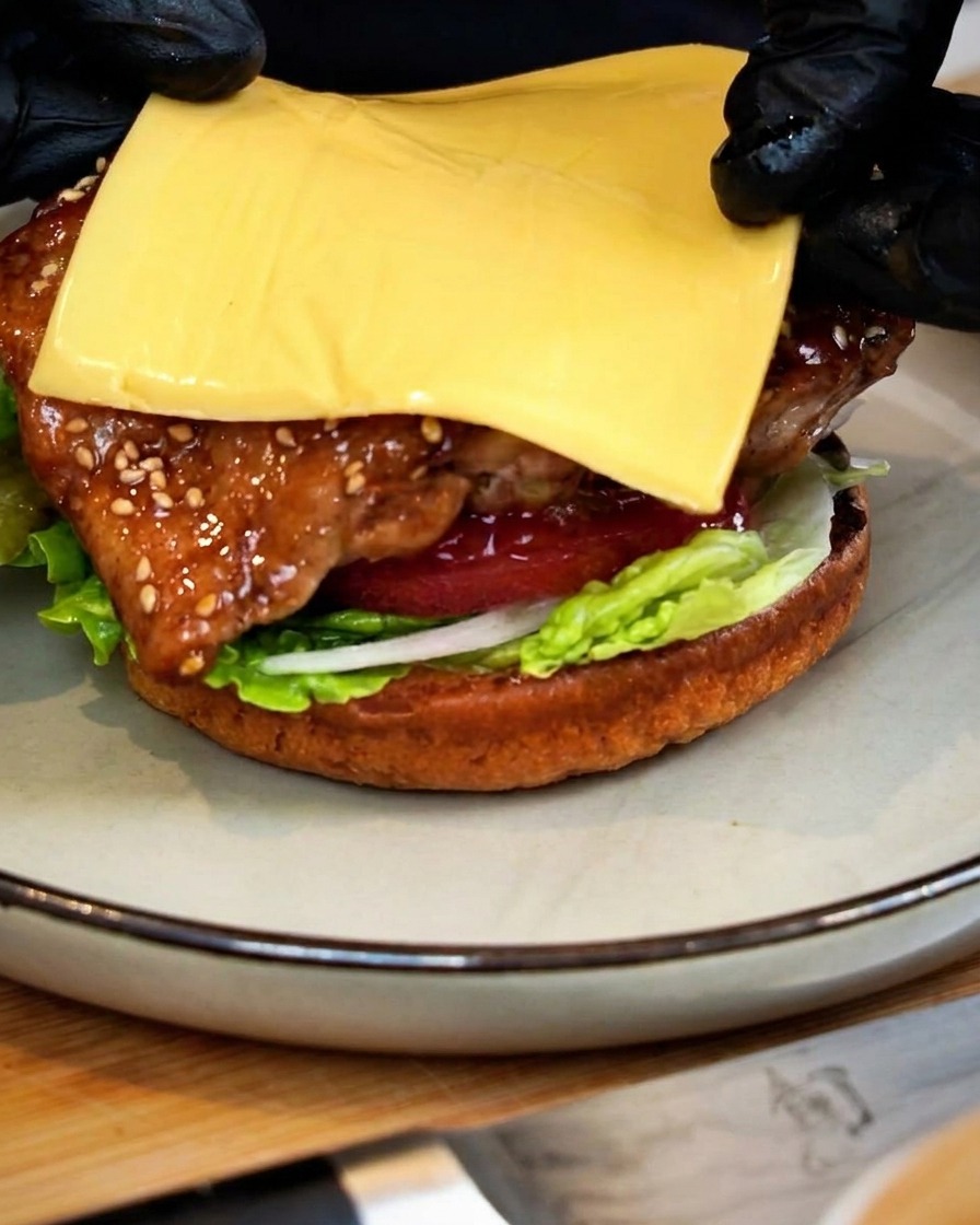 A slice of yellow cheese being placed on top of glazed chicken and vegetable layers on a burger bun.