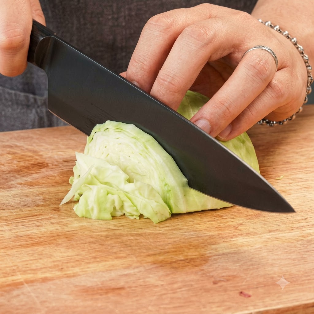 A sharp knife slicing through a head of green cabbage on a wooden cutting board.