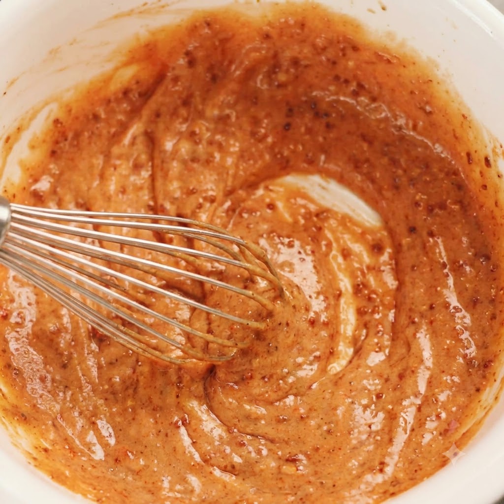 A wire whisk mixing a rich orange-red sauce inside a white ceramic bowl.