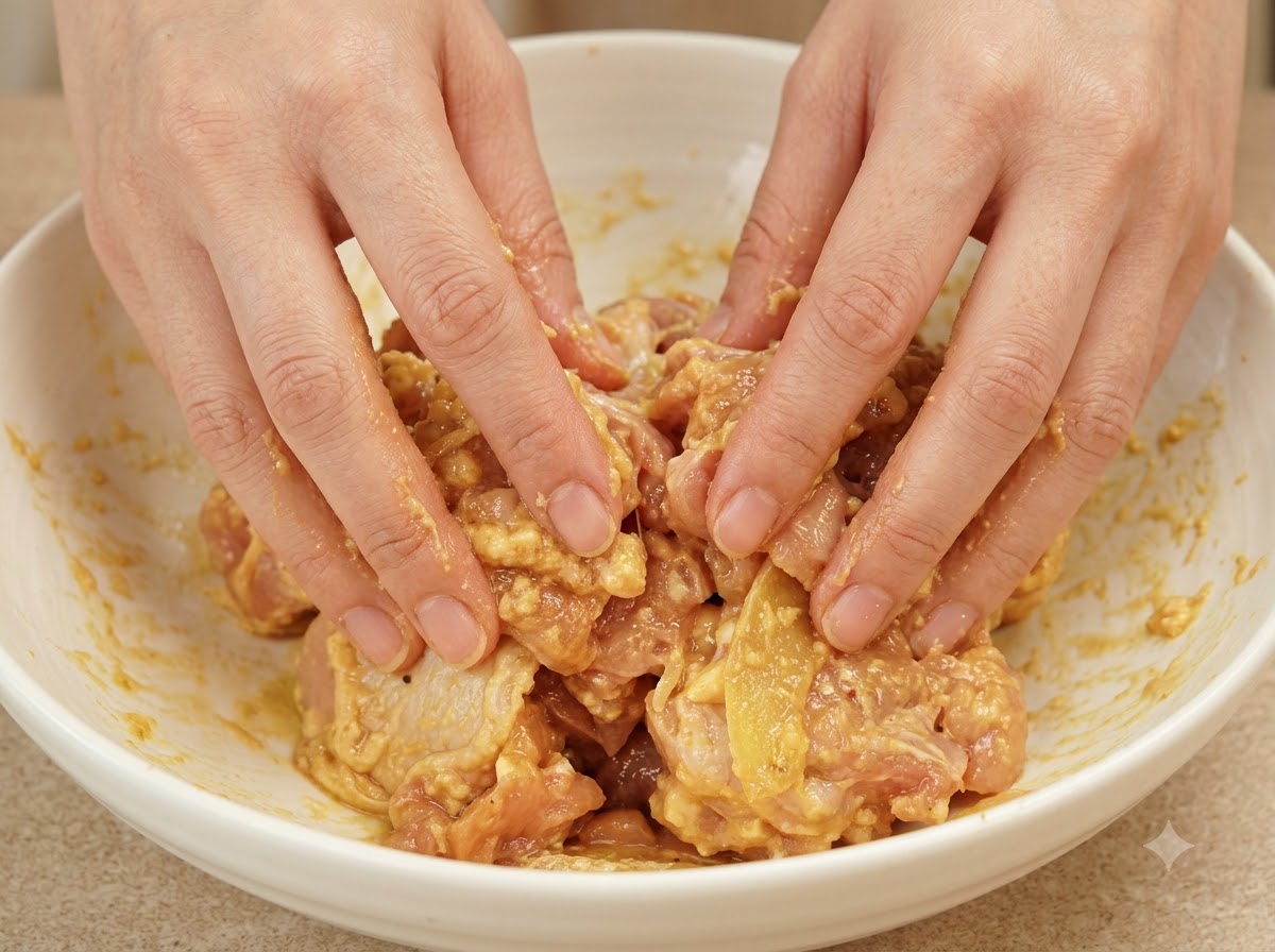 Hands massaging and mixing seasoned chicken pieces in a large white bowl.