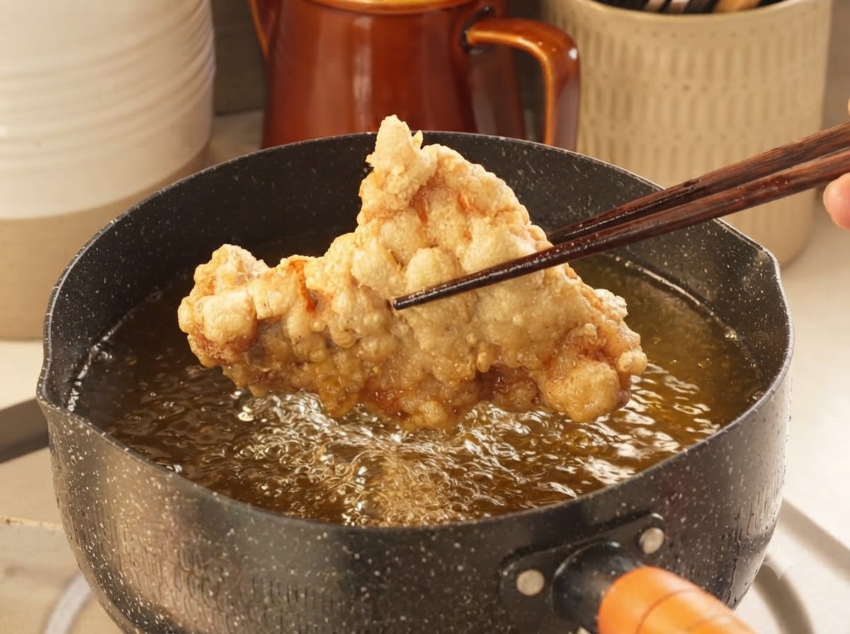Wooden chopsticks holding up a large piece of golden-brown crispy fried chicken above a pot of bubbling oil.
