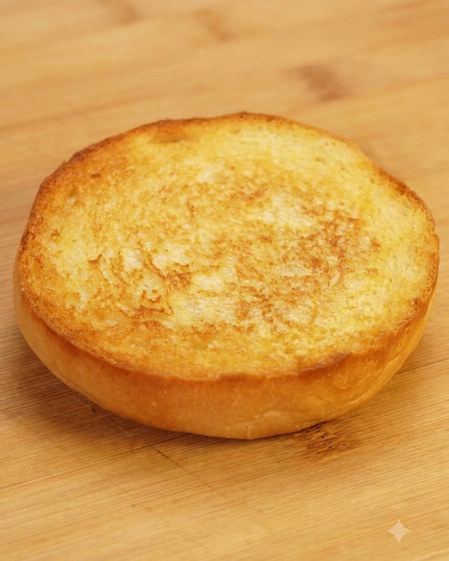 A golden toasted burger bun half resting on a wooden cutting board.