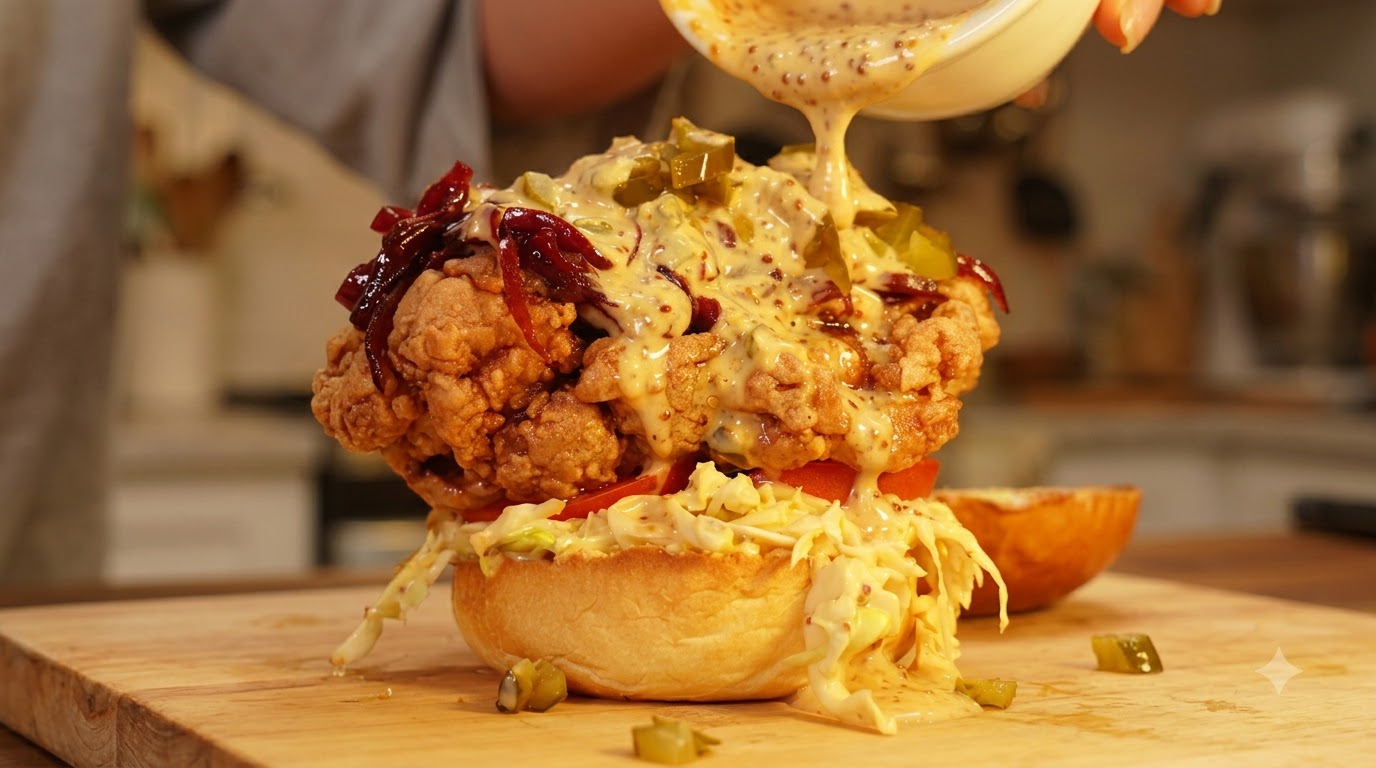 Crispy Fried Chicken Burger with Red Wine Caramelized Onions