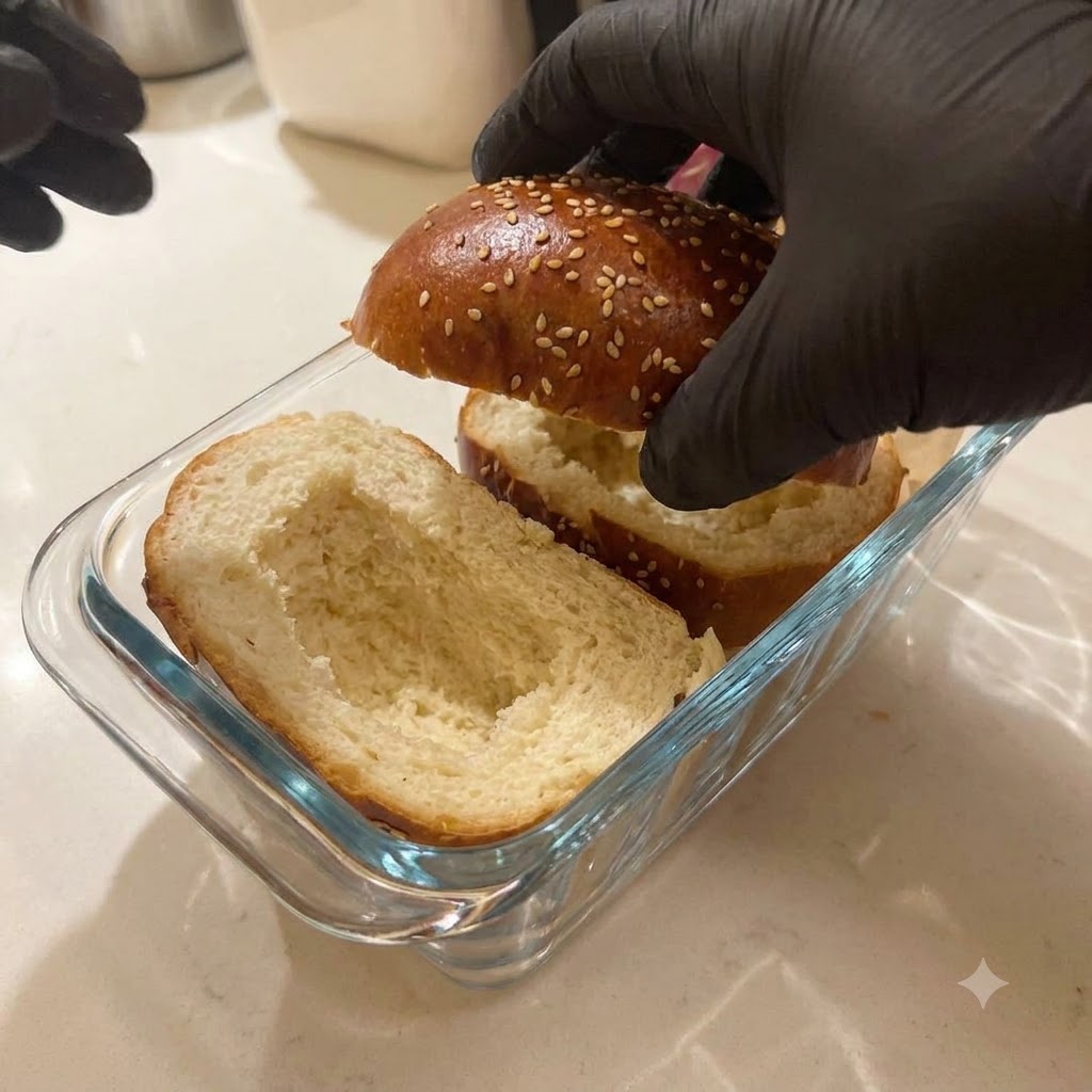 A cheese slice placed inside the bottom half of the hollowed-out hamburger bun.