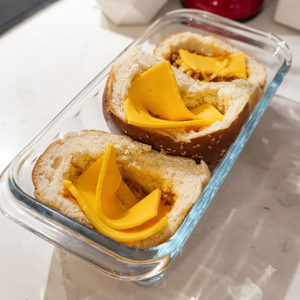 Prepared minced beef filling spooned into the hamburger buns on top of the cheese slices.