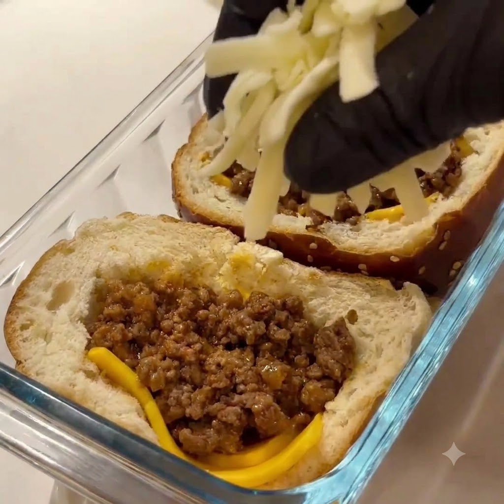 Fresh shredded Casar cheese being sprinkled over the beef filling inside the hollowed buns.