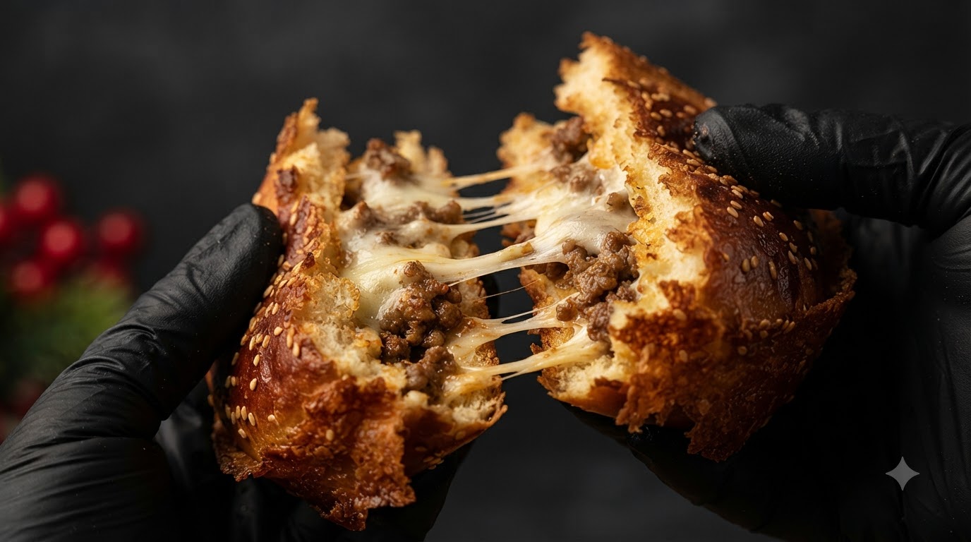 A close-up shot of a cheesy baked burger being pulled apart, revealing stringy melted cheese and savory meat filling inside a crispy bun.