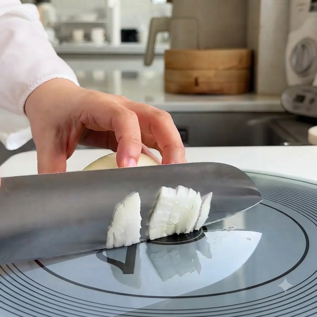 An onion being carefully sliced and diced into small cubes on a cutting board.