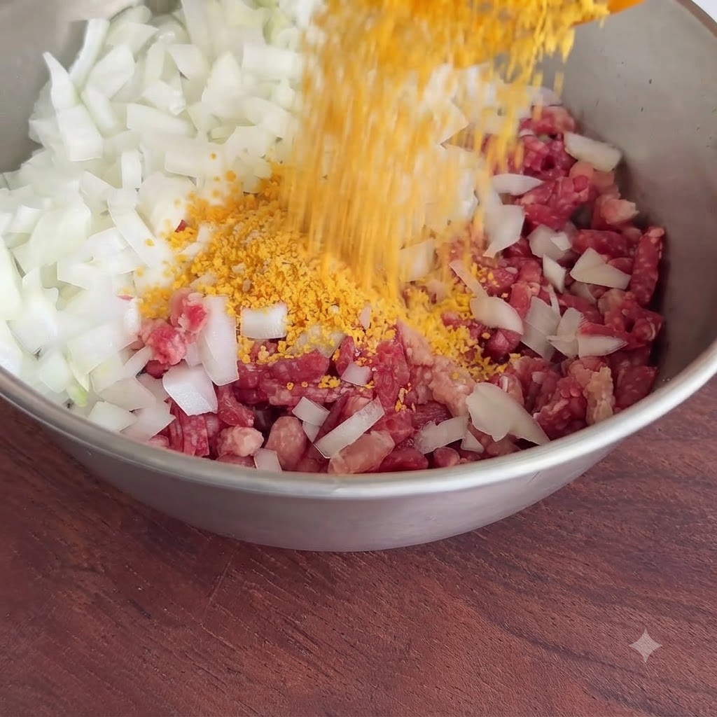 Yellow breadcrumbs being poured from a container into the metal bowl containing minced beef and onions.