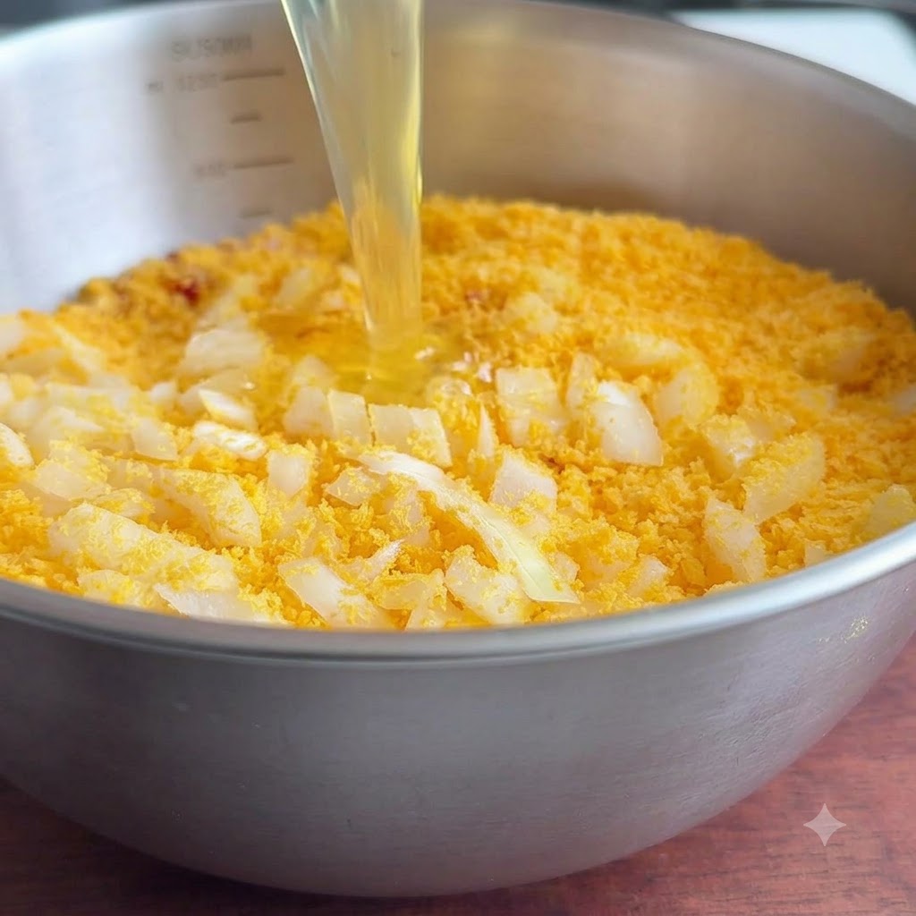 Two eggs being poured from a small bowl into a metal mixing bowl filled with breadcrumbs and chopped onions.
