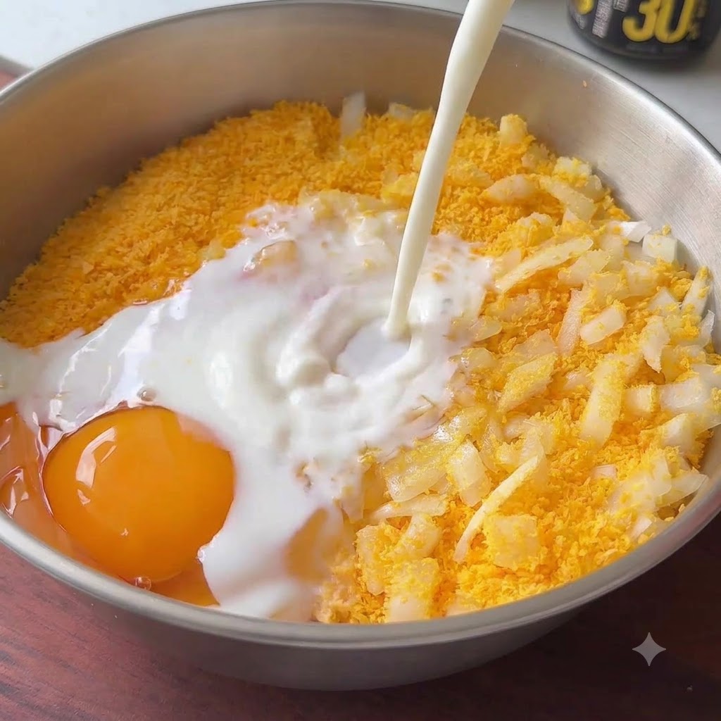 Milk being poured from a container directly into the metal bowl containing an egg yolk, breadcrumbs, and minced beef.