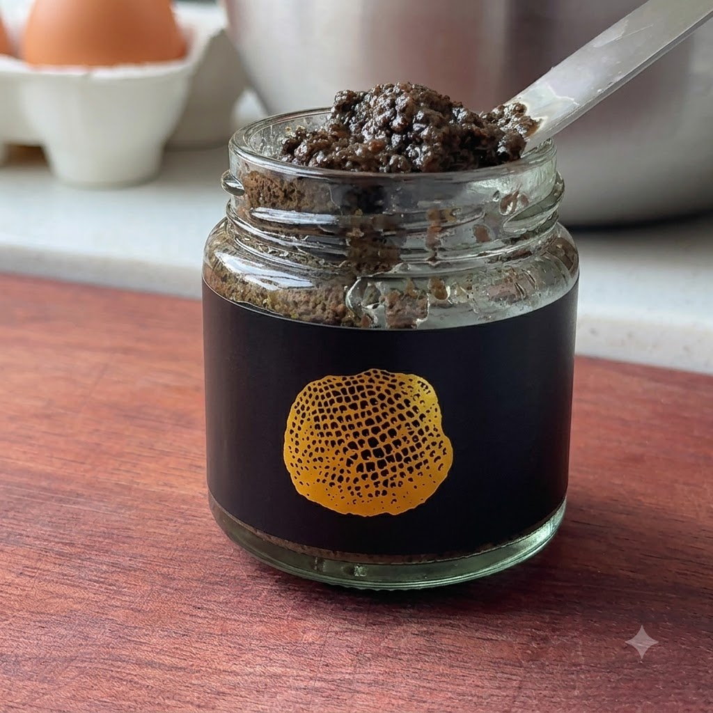 A spoonful of dark black truffle sauce held up against a jar with a black and gold label, with an egg carton in the blurred background.