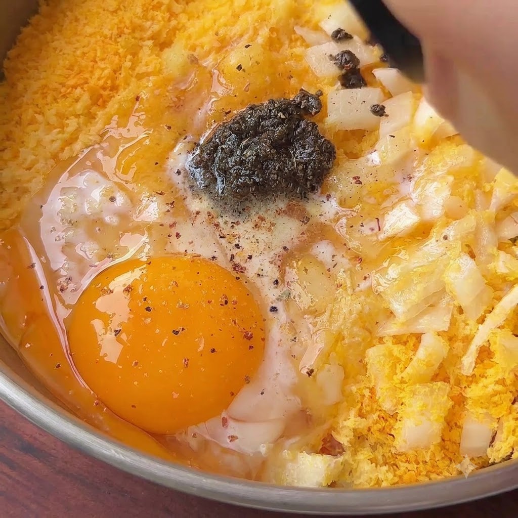 A raw egg yolk, dark truffle sauce, and spices sitting on top of chopped onions and breadcrumbs in a mixing bowl.
