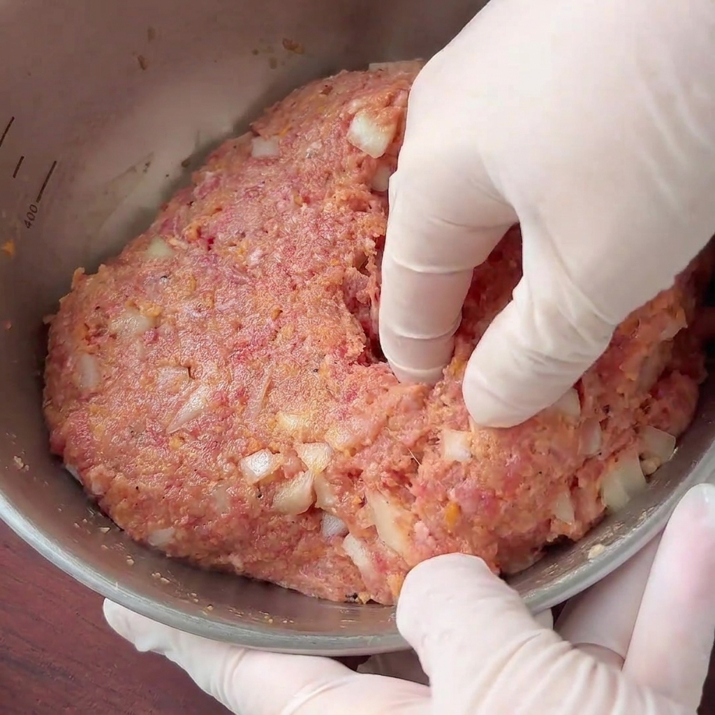 Gloved hands shaping a dense meat and onion mixture into a thick round patty inside a metal bowl.