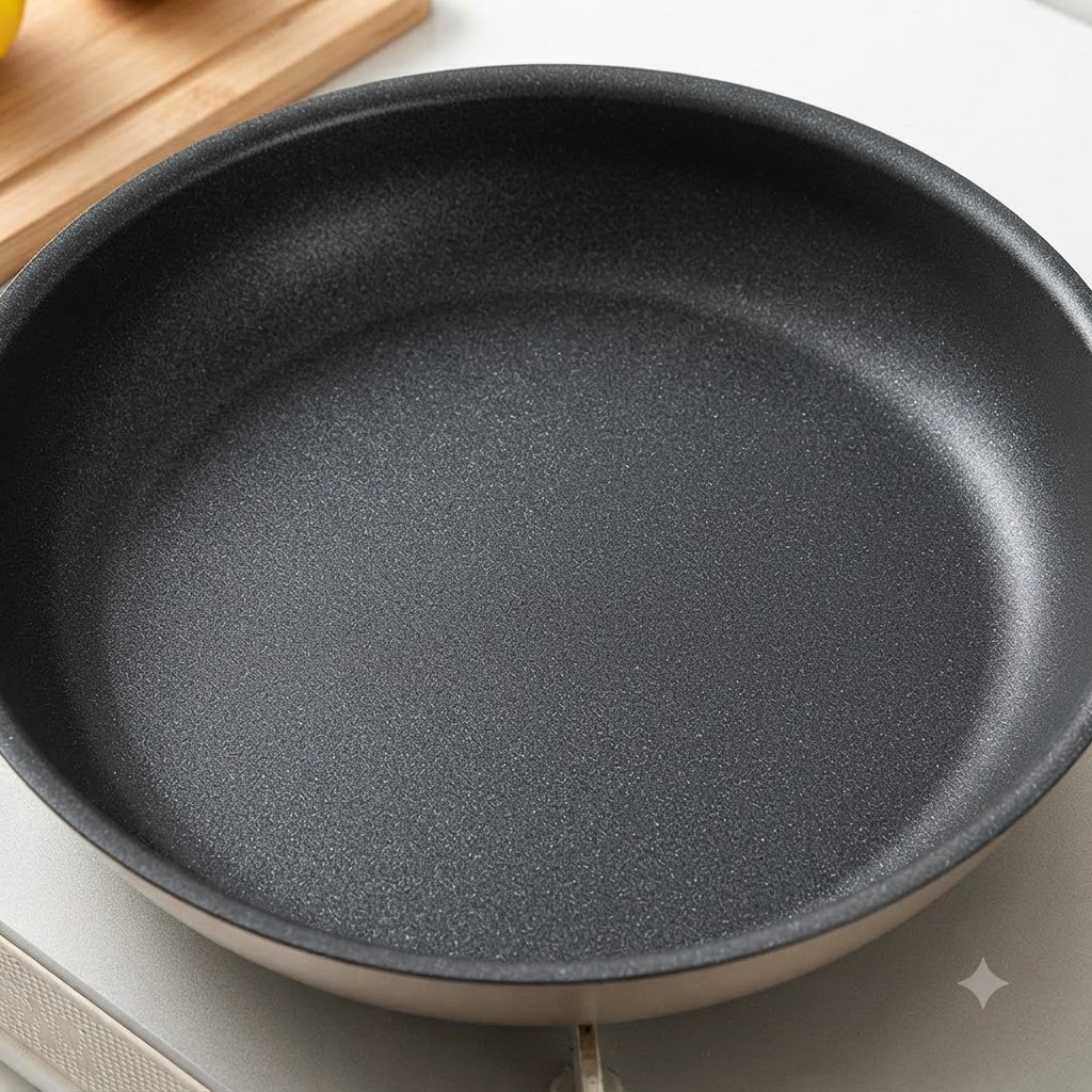 An empty dark non-stick frying pan sitting on a stove next to a wooden cutting board.