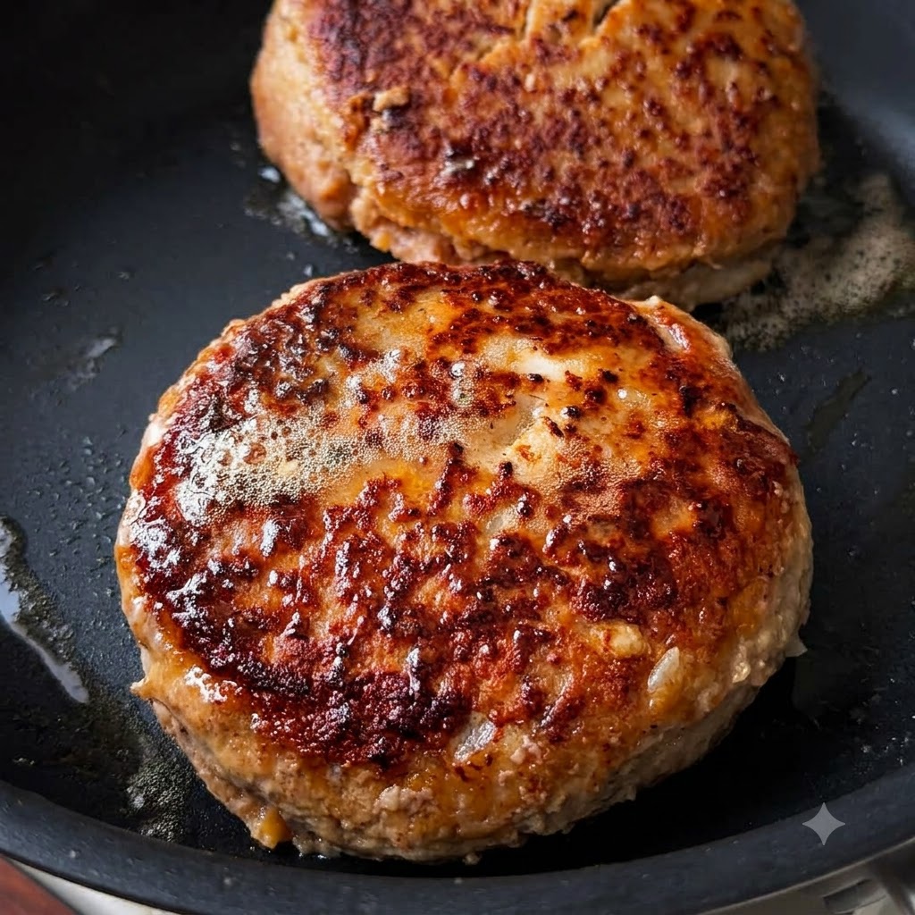 Two thick burger patties with a dark golden-brown crust sizzling in a hot frying pan.