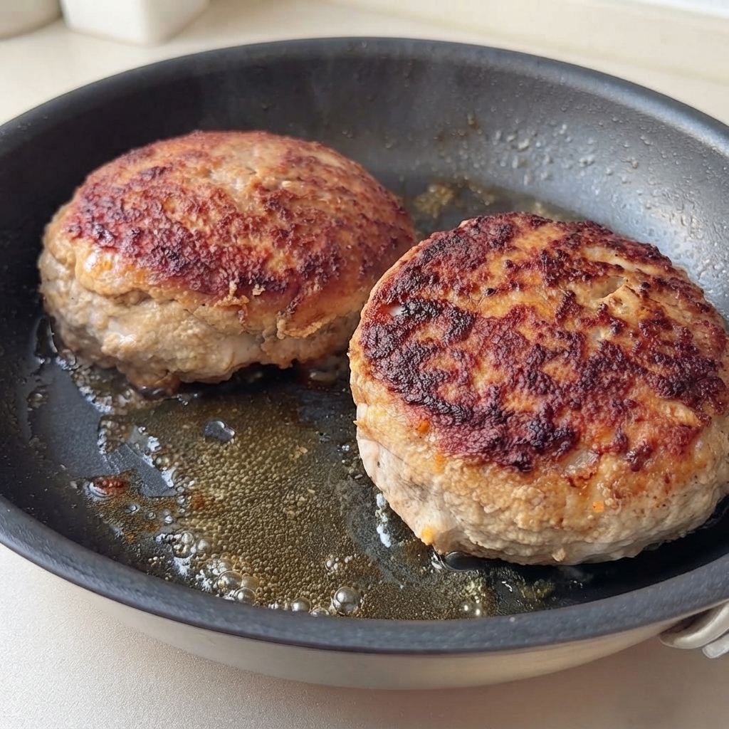 Two golden-brown burger patties frying in a pan surrounded by bubbling oil and juices.