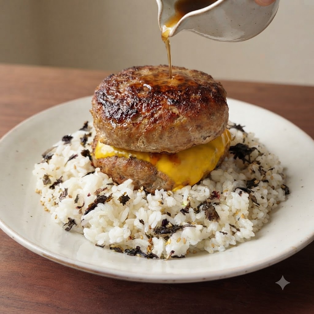 A small white pitcher drizzling clear savory sauce over stacked burger patties and melted cheese on rice.