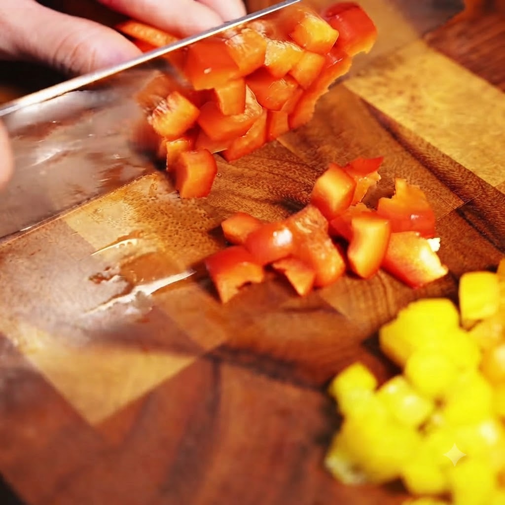 Red onion being diced into small pieces on a wooden cutting board.