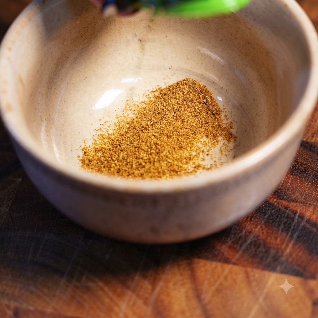 Various dry spices measured and blended together in a small ceramic bowl.