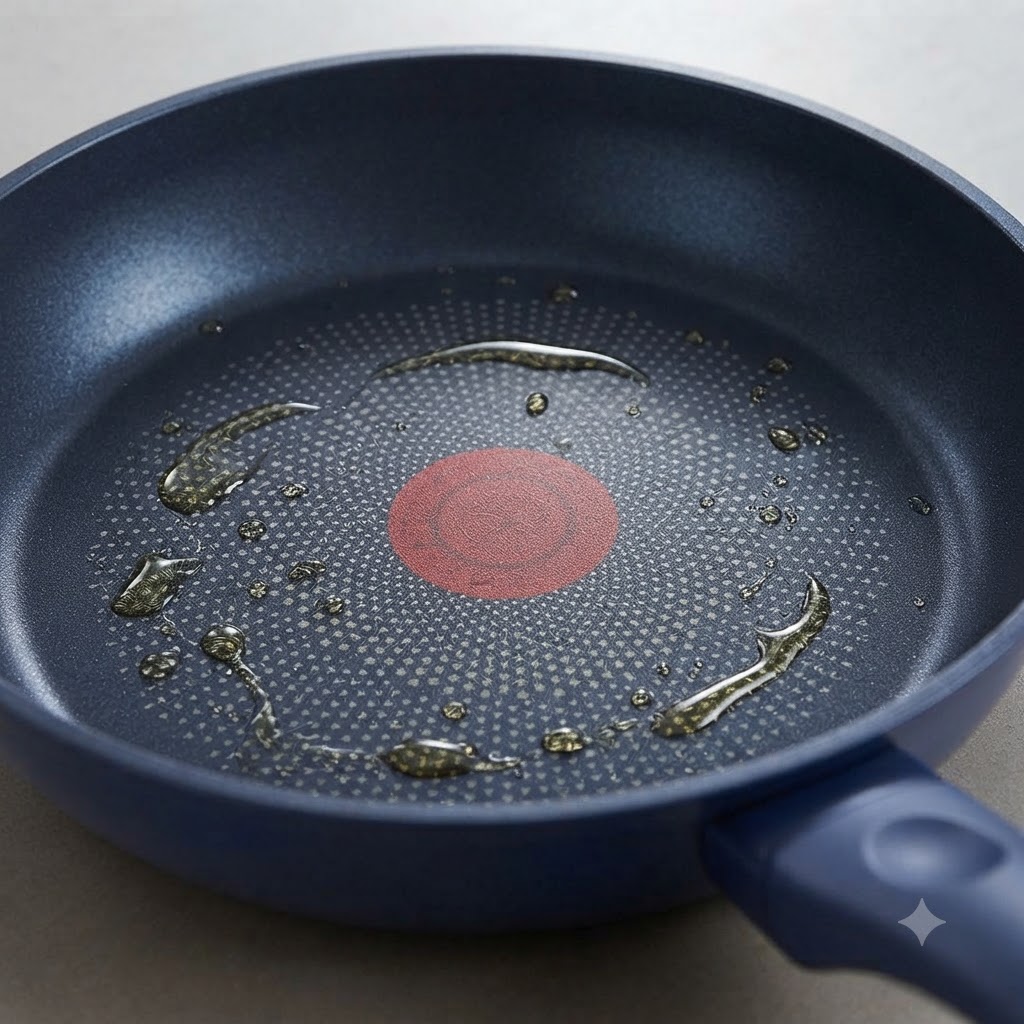Finely chopped onions and sliced garlic cooking in a blue skillet with oil over low heat.