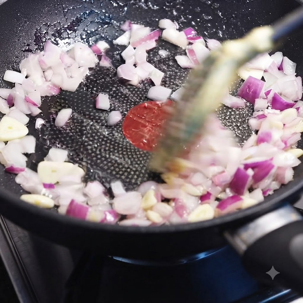Onions and garlic sautéing in a pan followed by the addition of minced beef being stir-fried over high heat.