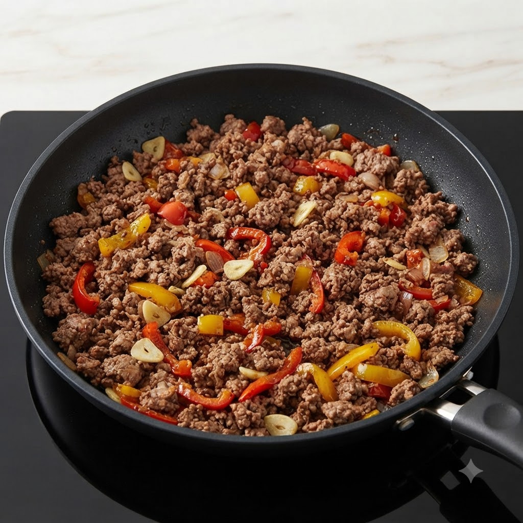 Diced bell peppers and spices mixed into the cooked minced beef inside a pan.