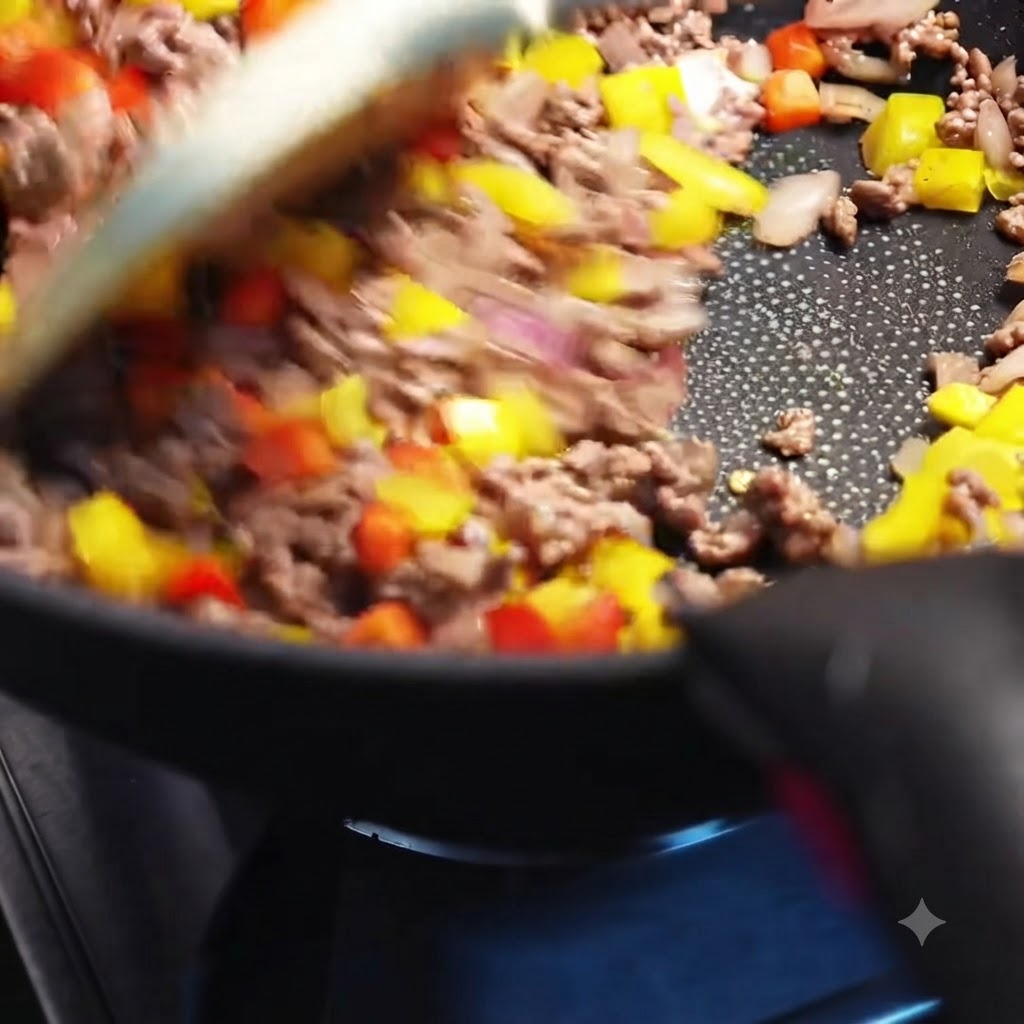 Spice mix, salt, and sugar being added to the sizzling beef and pepper mixture in a frying pan.