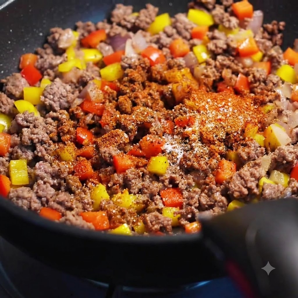 Spice powder, salt, sugar, and corn kernels mixed into the beef and bell pepper stir-fry in a pan.