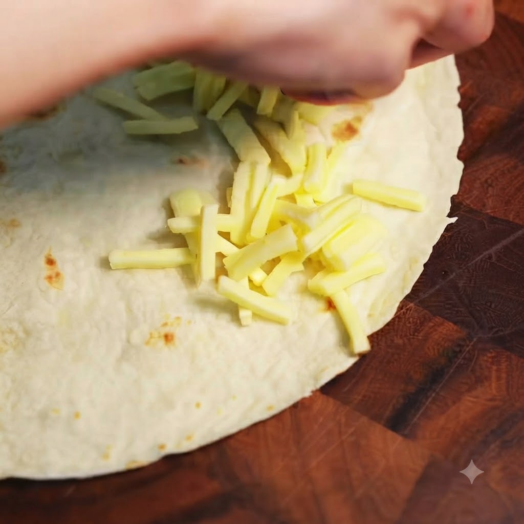 Shredded mozzarella cheese being scattered onto one half of a round flour tortilla resting on a wooden board.
