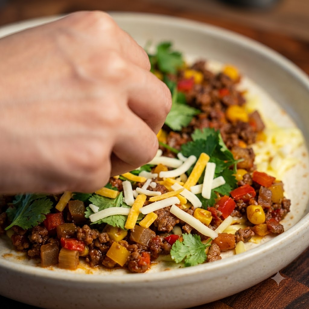 Fresh green cilantro leaves and more cheese being placed over the beef mixture in a serving dish.