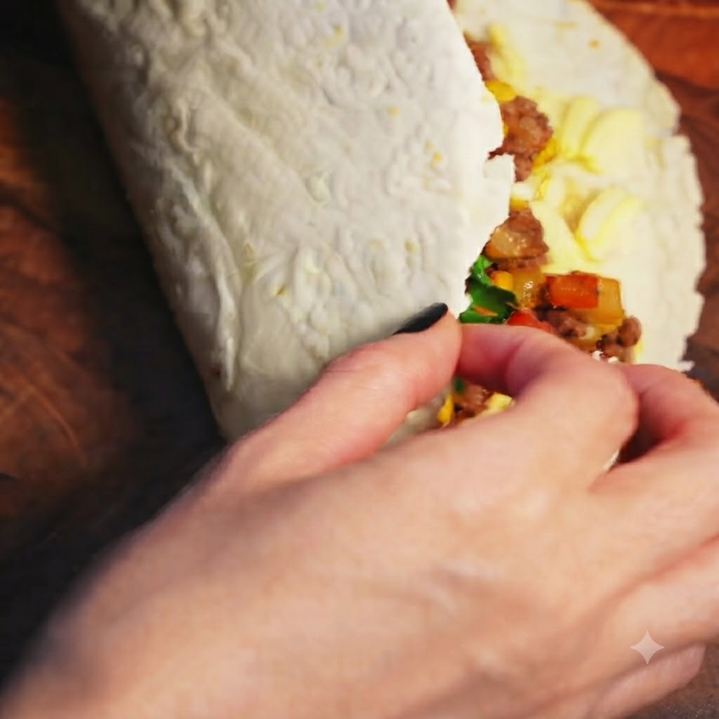 A flour tortilla being folded in half over a filling of beef, cheese, and vegetables.