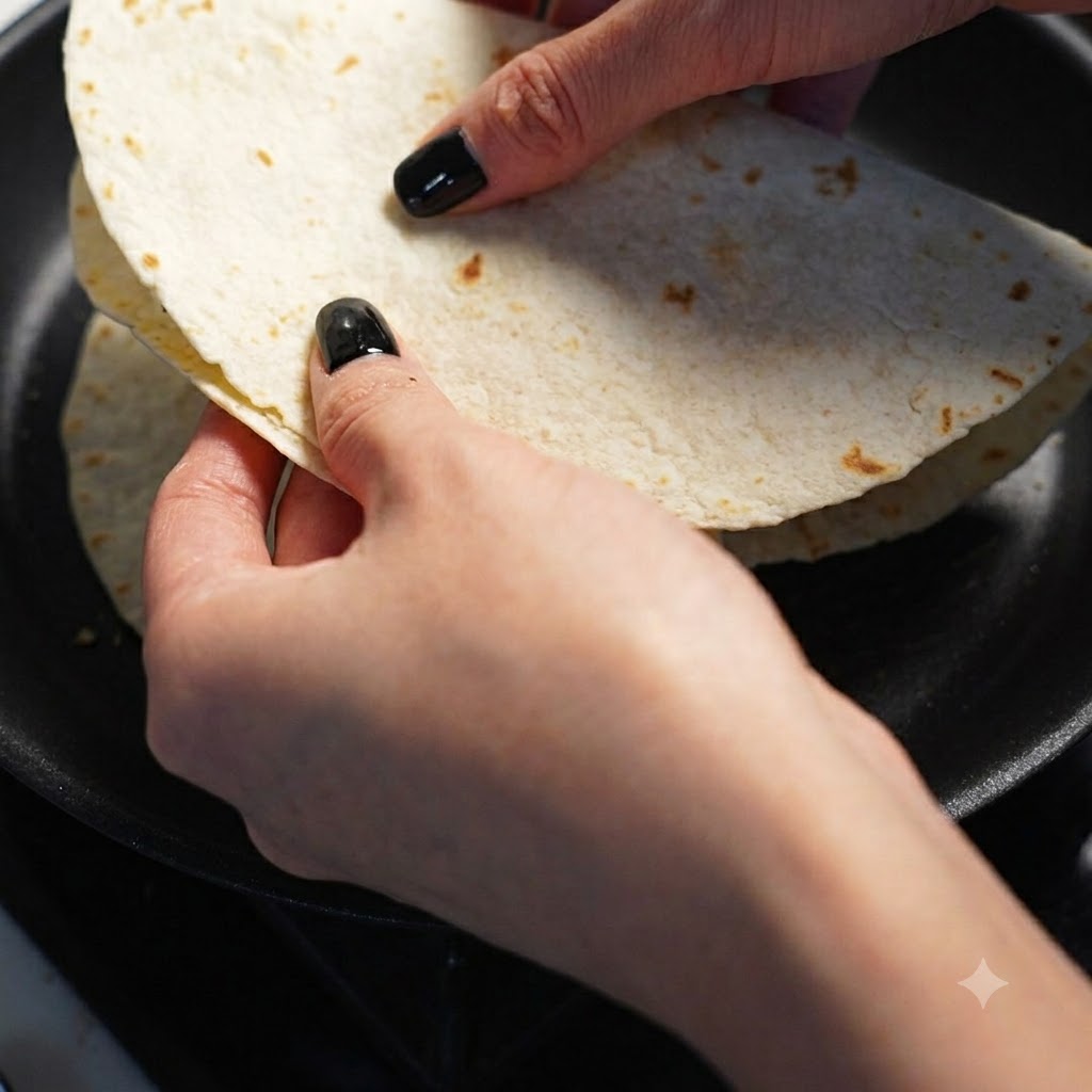 A folded quesadilla being laid down into a hot black non-stick skillet.