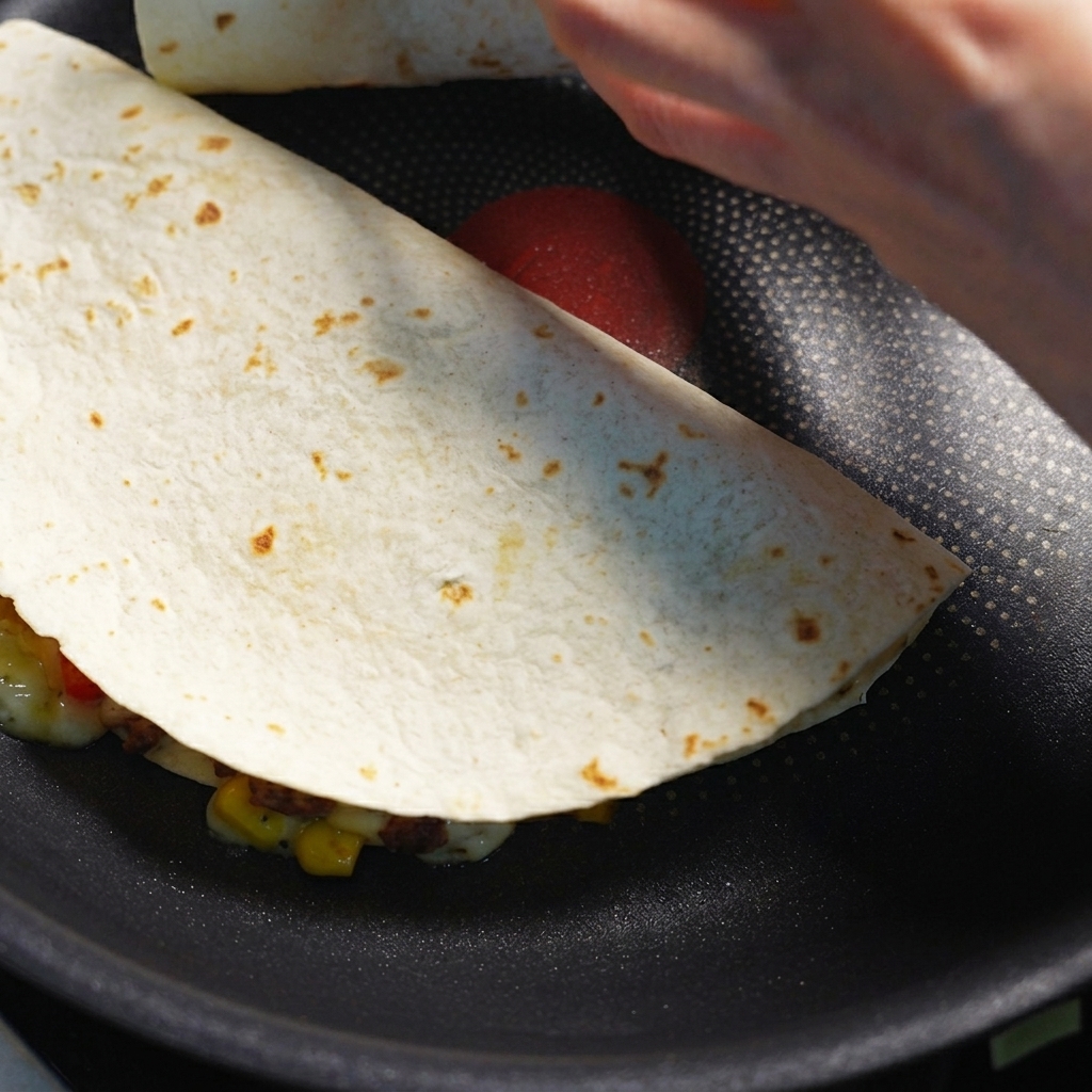 A folded tortilla quesadilla cooking in a dark pan, being flipped with a spatula.