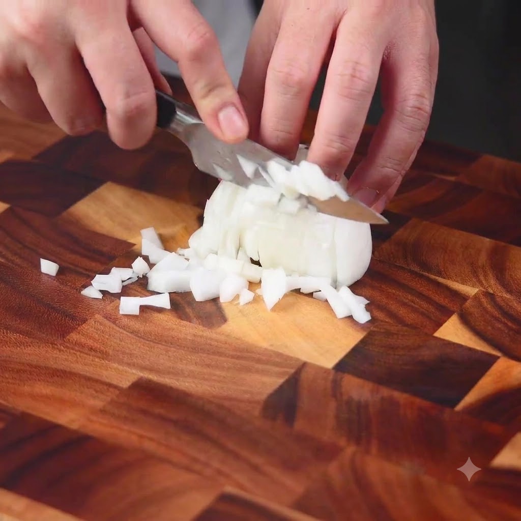 An onion being carefully cut and diced on a wooden cutting board with a chefs knife.