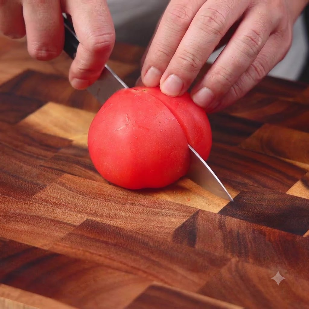 A fresh red tomato being sliced open on a wooden cutting board.
