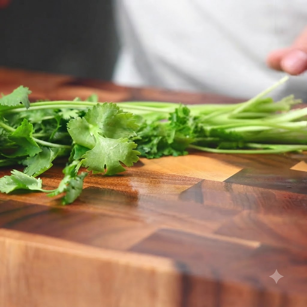 A bunch of fresh green cilantro laid out on a wooden cutting board.